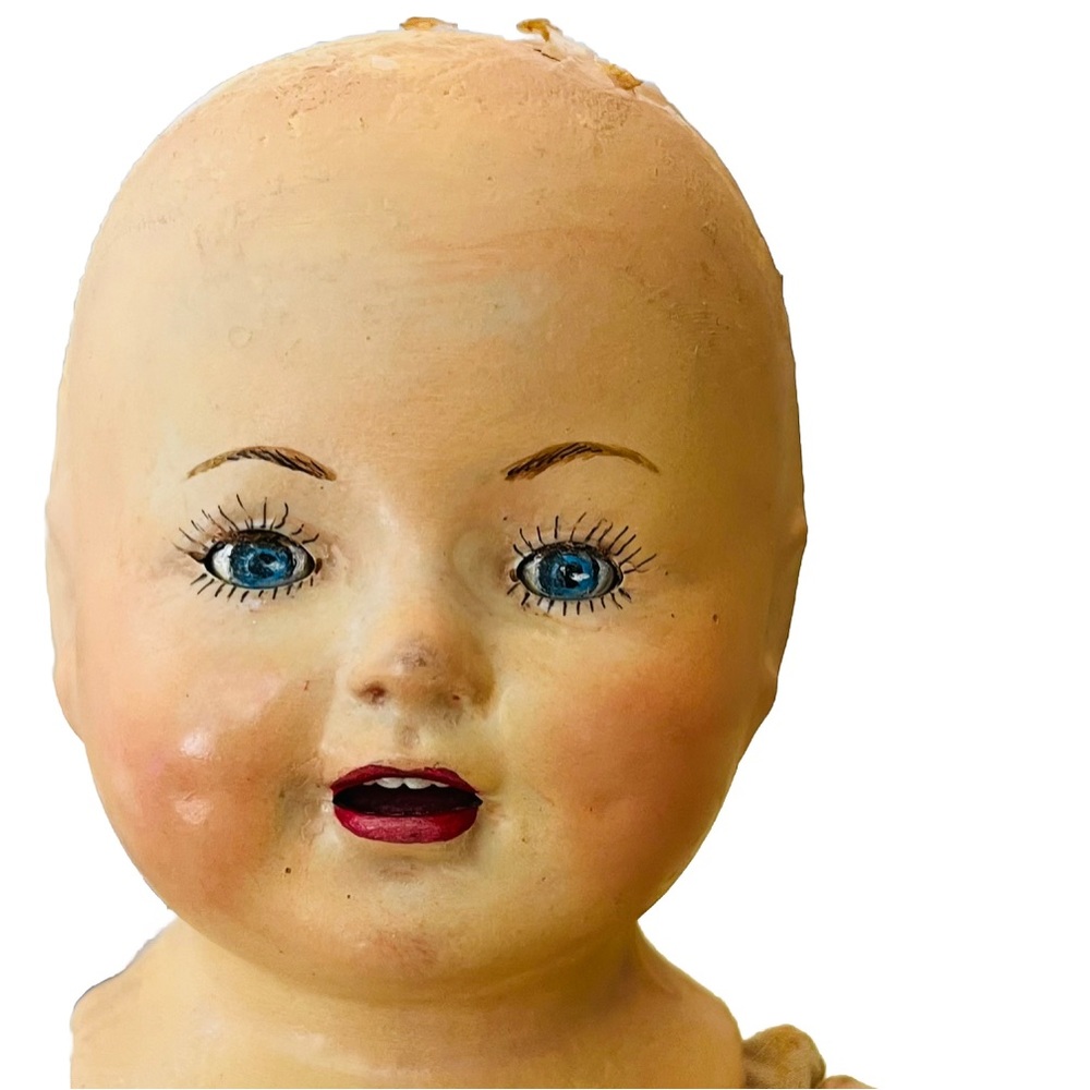 Antique Composition Doll 20” Blue Eyes For Parts Repair Halloween Partly Fixed